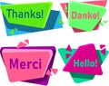 Merci, danke, thanks and hello signs isolated on white.