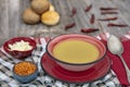 Mercimek corbasi, red lentil soup, turkish cuisine.  bowl of soup, parsley and croutons on wooden table Royalty Free Stock Photo