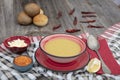 Mercimek corbasi, red lentil soup, turkish cuisine.  bowl of soup, parsley and croutons on wooden table Royalty Free Stock Photo