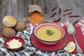 Mercimek corbasi, red lentil soup, turkish cuisine.  bowl of soup, parsley and croutons on wooden table Royalty Free Stock Photo