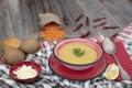 Mercimek corbasi, red lentil soup, turkish cuisine.  bowl of soup, parsley and croutons on wooden table Royalty Free Stock Photo