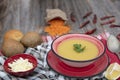 Mercimek corbasi, red lentil soup, turkish cuisine.  bowl of soup, parsley and croutons on wooden table Royalty Free Stock Photo