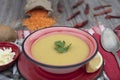 Mercimek corbasi, red lentil soup, turkish cuisine.  bowl of soup, parsley and croutons on wooden table Royalty Free Stock Photo