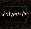 Mercury - astrological symbol and hand drawn calligraphy. Vector illustration with text and gold sparks.