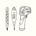 Mercury, digital and  non contact infrared forehead thermometer, hand drawn doodle sketch, isolated illustration Royalty Free Stock Photo