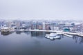 The Mercury Hotel on the bank of Upper Lake in the wintertime, view from drone