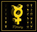 Mercury planet sign with other astrological symbols of the planets on black background. Vector