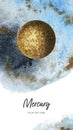 Mercury planet vertical banner watercolor hand drawn illustration with watercolor splash backgroundon white. Royalty Free Stock Photo