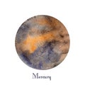 Mercury planet watercolor isolated on white background. Watercolour hand drawn gray, rose and beige planet magic art Royalty Free Stock Photo