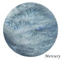 Mercury Planet watercolour illustration. Hand drawn on white background, isolated. Royalty Free Stock Photo