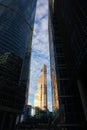 Mercury Tower in Moscow City between two other buildings.