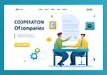 Merger of companies, businessmen sign an agreement. Flat 2D landing page Royalty Free Stock Photo