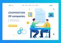 Merger of companies, businessmen sign an agreement. Flat 2D. vector illustration landing page Royalty Free Stock Photo