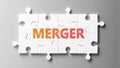 Merger complex like a puzzle - pictured as word Merger on a puzzle pieces to show that Merger can be difficult and needs Royalty Free Stock Photo