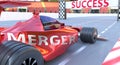Merger and success - pictured as word Merger and a f1 car, to symbolize that Merger can help achieving success and prosperity in