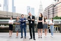 Mergers and acquisition,Successful group of business diversity people,Team success achievement hand cross arms over blurred buildi Royalty Free Stock Photo
