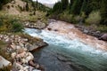 Merging of two different color mountain rivers