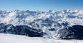 Meribel mottaret panoramic valley view sun snowy mountain landscape France alpes 3 vallees Royalty Free Stock Photo