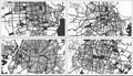 Merida, Culiacan, Leon and Hermosillo Mexico City Maps Set in Black and White Color in Retro Style