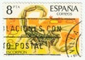 MERIDA, EXTREMADURA, SPAIN - DIC, 1, 2.018 - A stamp printed in Spain shows scorpion (buthus europaeaus) CIRCA: 1.979