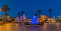 Merida, Spain, May 19, 2021: Sunset over town hall viewed through Plaza de Espana in Spanish town Merida...