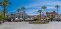 Merida, Spain, May 20, 2021: Town hall viewed through Plaza de Espana in Spanish town Merida...