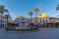 Merida, Spain, May 19, 2021: Town hall viewed through Plaza de E