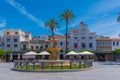 Merida, Spain, May 20, 2021: Town hall viewed through Plaza de E