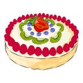 Meringue ake with raspberry, kiwi, strawberry, blueberry isolated on the white background. Flat style. Vector