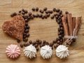 Meringue andcoffee bean and cinnamon cookie cinnamon stick wood texture