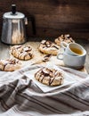 Meringue cake with chocolate, caramel and nuts, dessert, rustic Royalty Free Stock Photo