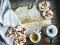 Meringue cake with chocolate, caramel and nuts, dessert, rustic Royalty Free Stock Photo