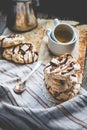 Meringue cake with chocolate, caramel and nuts, dessert, rustic Royalty Free Stock Photo