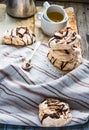 Meringue cake with chocolate, caramel and nuts, dessert, rustic Royalty Free Stock Photo