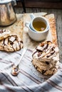 Meringue cake with chocolate, caramel and nuts, dessert, rustic Royalty Free Stock Photo