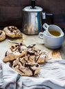 Meringue cake with chocolate, caramel and nuts, dessert, rustic Royalty Free Stock Photo