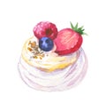 Meringue cake with cream, strawberries and blueberries. Watercolor. Isolated on white background.