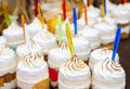 Meringue cakes assortment on banquet table.