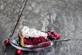 Meringue covered cranberry tart pie slice on wooden table Royalty Free Stock Photo