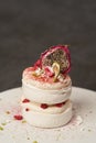 Meringue dessert Pavlova cake with fresh raspberries and whipped cream Royalty Free Stock Photo