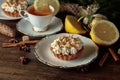 Meringue lemon tart and cup of tea Royalty Free Stock Photo