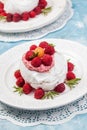 Meringue pavlova cake with whipped cream and fresh raspberries Royalty Free Stock Photo