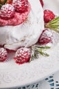 Meringue pavlova cake with whipped cream and fresh raspberries Royalty Free Stock Photo