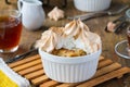 Meringue in portion form on a green concrete background. Pancake recipes, international pancake day Royalty Free Stock Photo