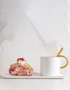 Meringue roll cake with berries whipped cream and coffe on marble background. Copy space. Royalty Free Stock Photo