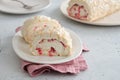 Meringue roll cake with cream, raspberries. Roulade, summer dessert. Confectionery, menu. Close up Royalty Free Stock Photo