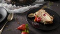 Meringue roll cake with cream, raspberries. Roulade, summer dessert served in ceramic plate Royalty Free Stock Photo