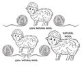 Merino sheep natural wool for hand knitting line icon set. Ewe with ball yarn. Handmade knitwear clothes. Needlework label. Vector