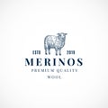 Merinos Wool Abstract Vector Sign, Symbol or Logo Template. Hand Drawn Sheep Sillhouette with Retro Typography. Vintage Royalty Free Stock Photo