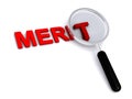 Merit with magnifying glass on white